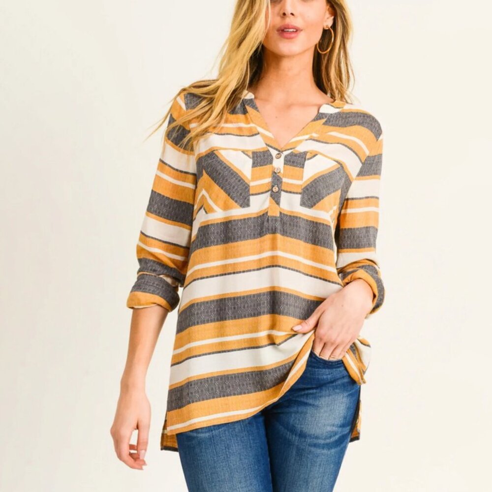 Doe & Rae Gray and Gold Striped Top - Size Medium